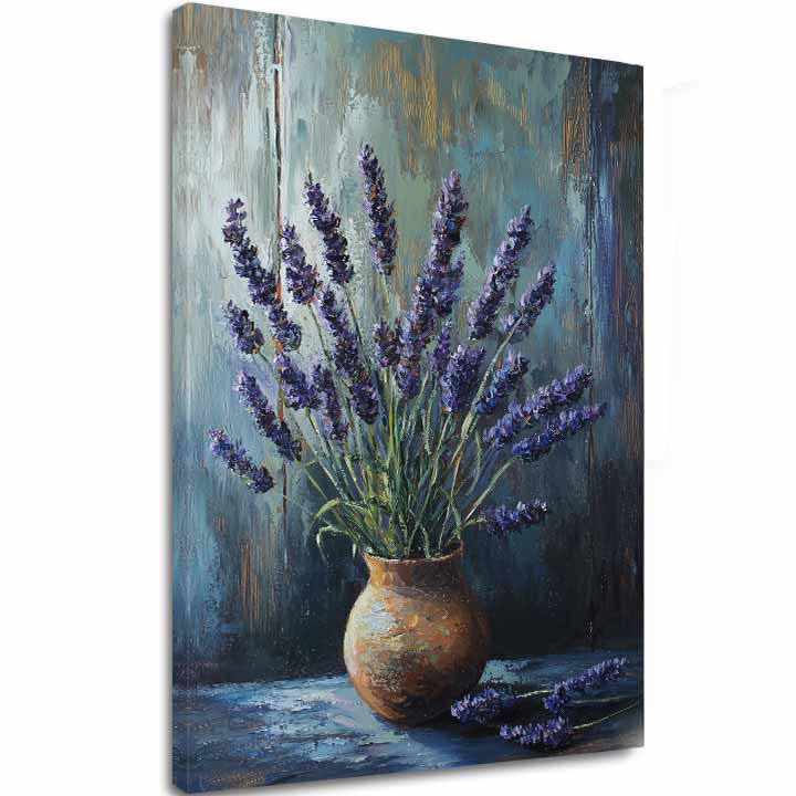 E-shop Obraz levanduľová harmónia | Pokoj v hlinenej váze | Akrylové detaily 40x60 cm
