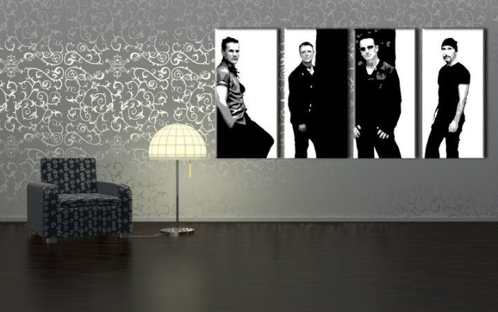 E-shop Ručne maľovaný POP Art obraz U2 in Black 4 dielny U2