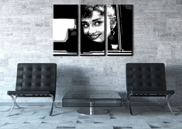 E-shop Ručne maľovaný POP Art obraz Audrey HEPBHURN 3 dielny ah1